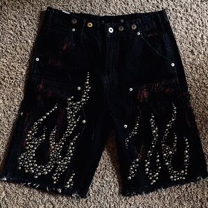 Black Denim Shorts with Studded Flame Design